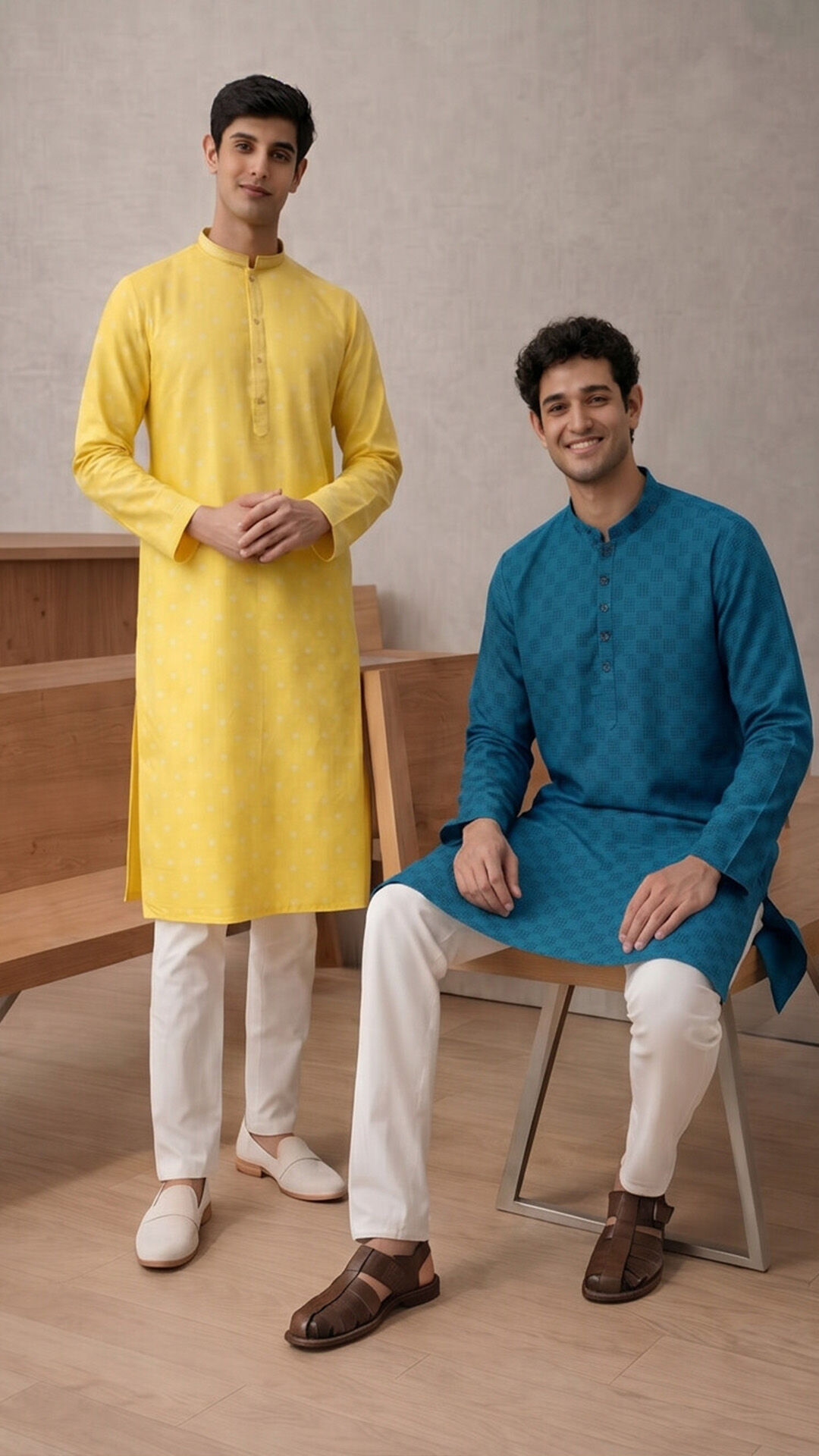 Men in Traditional Lucknowi and Hyderabadi kurtas showcasing India&rsquo;s regional craftsmanship, preserving heritage through distinctive embroidery, silhouettes, and cultural influences.